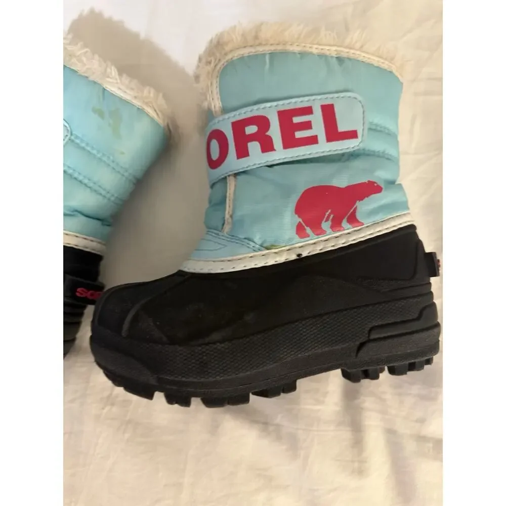 Sorel Snow Commander Girls Snow Boots Turquoise Pink Sz 9c Waterproof Insulated